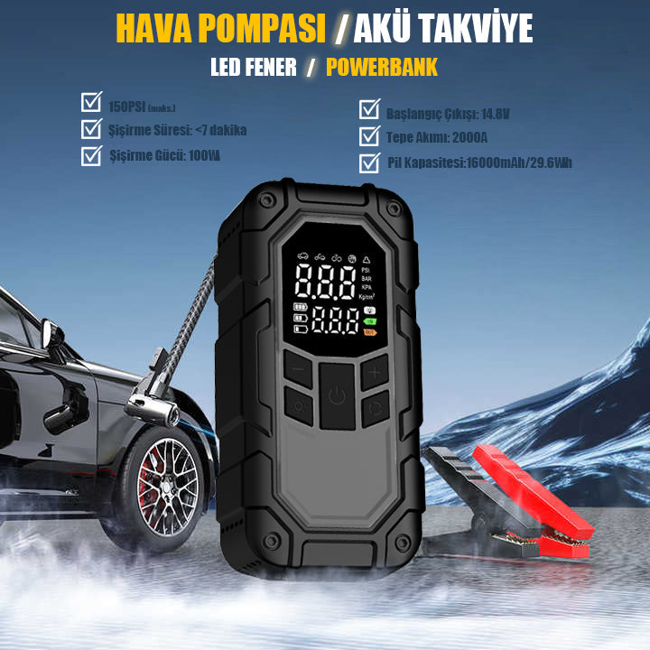 Mio D8H Plus 2000A 16000mAh Akü Takviye+Hava Pompası+LED Fener+Powerbank