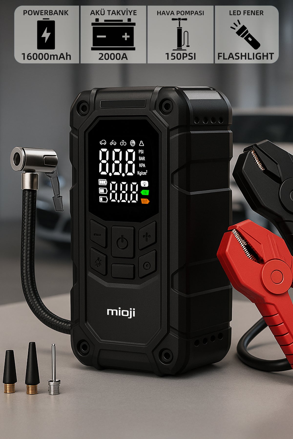 Mio D8H Plus 2000A 16000mAh Akü Takviye+Hava Pompası+LED Fener+Powerbank